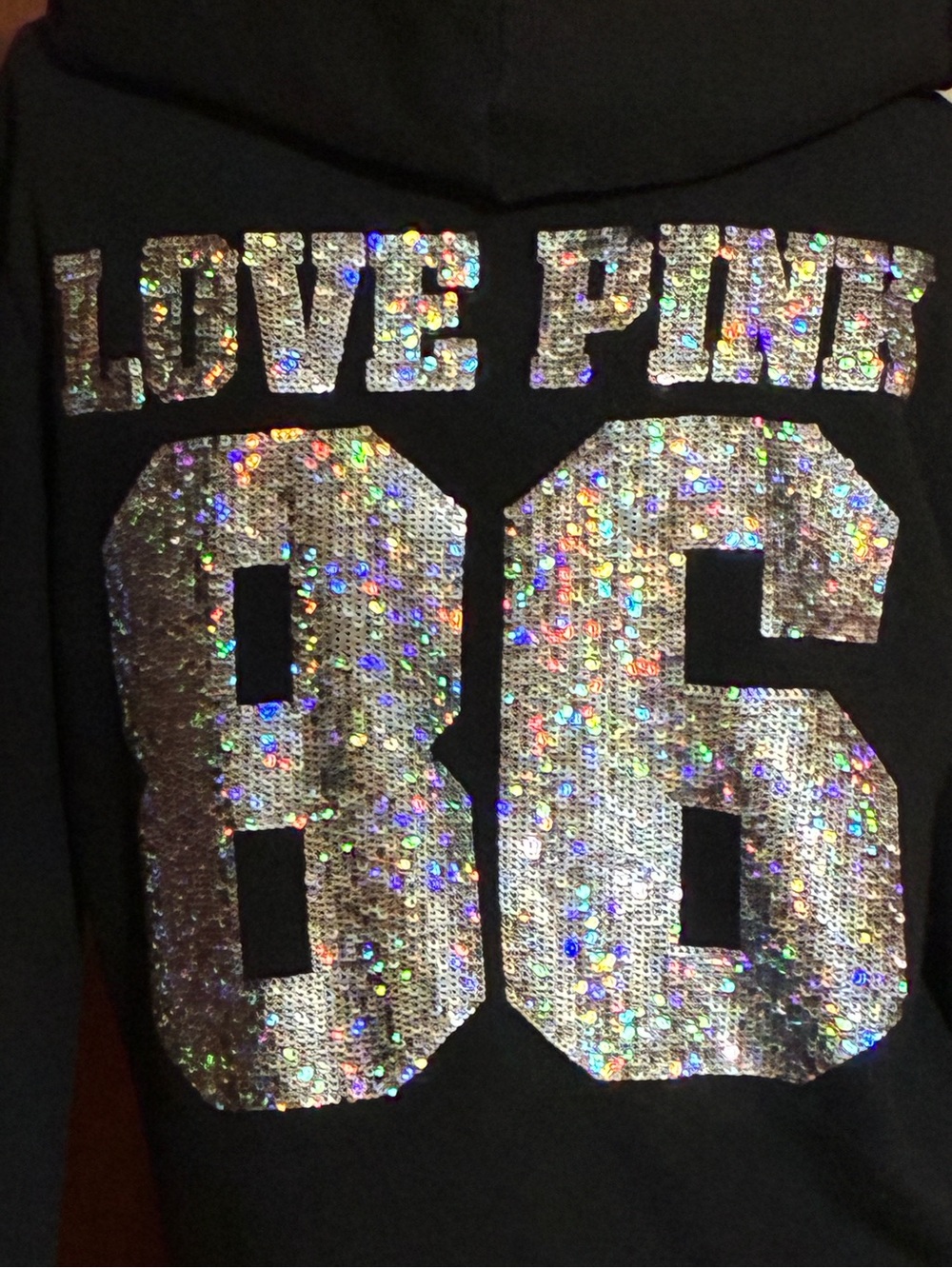 ****SOLD**** VS PINK Black w/ Iridescent Sequin ‘Love Pink 86’ Zip Up Hoodie - Picture 2 of 6
